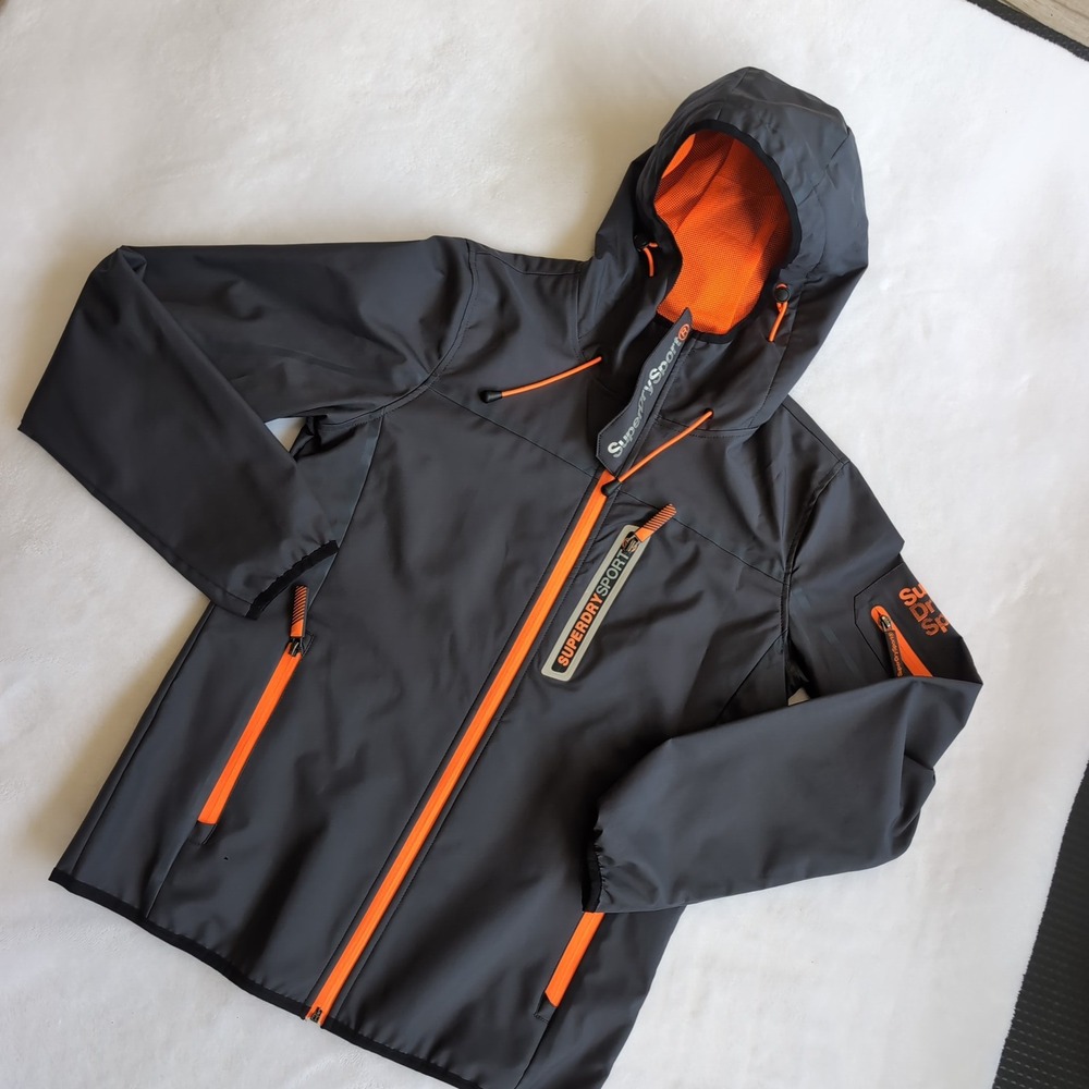 Superdry Sport Softshell Jacket Mens Medium Black Orange Hooded Windtrekker